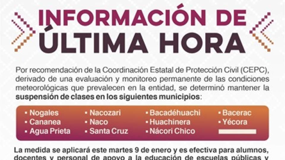 Se determinó mantener suspensión de clases en 11 municipios de la entidad: SEC Sonora