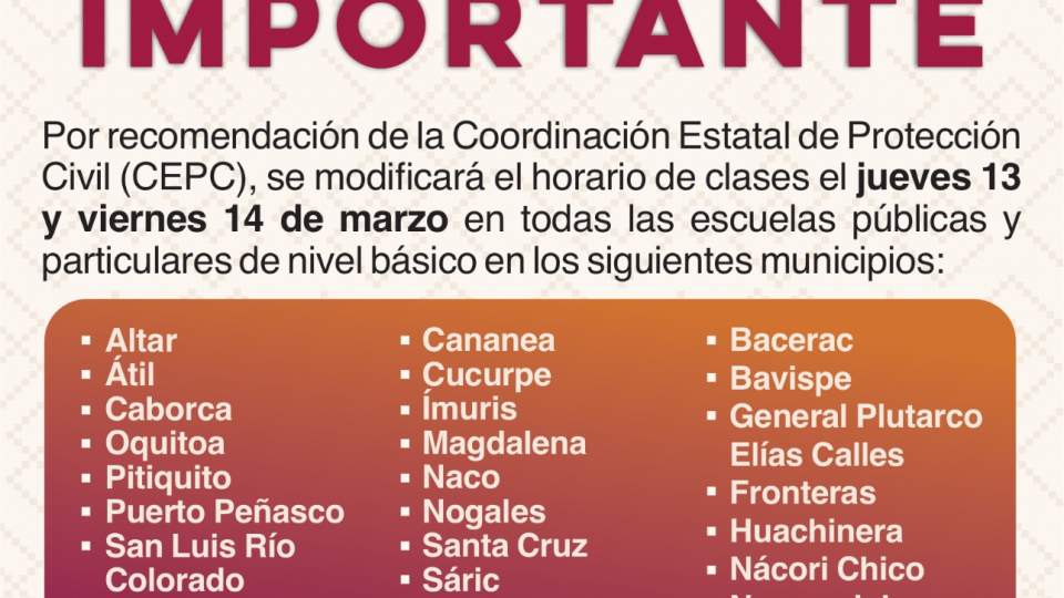 Anuncia SEC Sonora modificación de horario de clases por bajas temperaturas