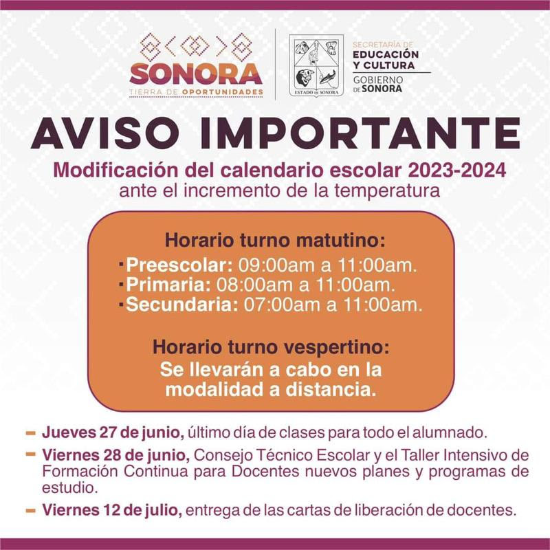 Anuncia Gobierno de Sonora modificación del calendario escolar ante las altas temperaturas